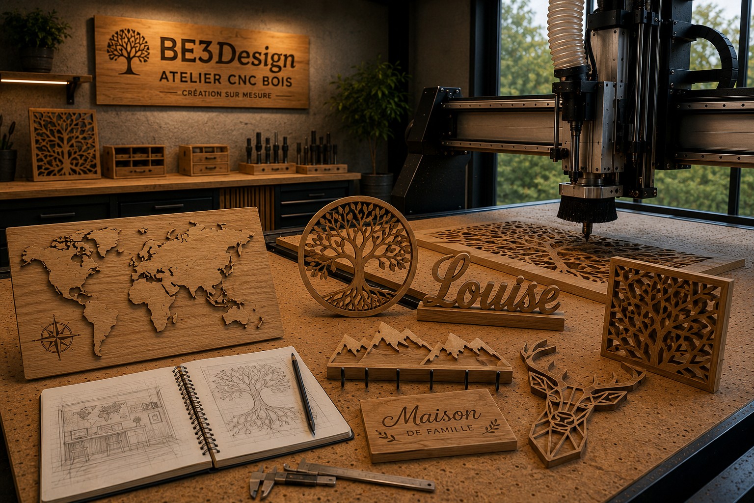 Atelier BE3Design avec usinage CNC bois et préparation de pièces sur mesure