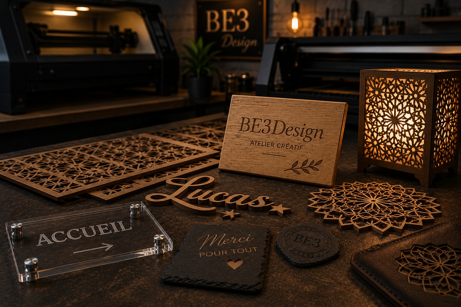 Atelier BE3Design avec créations découpées et gravées au laser
