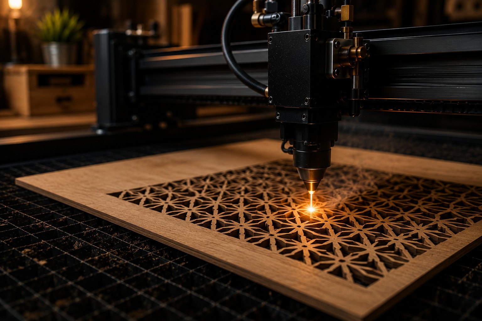 Découpe laser précise sur bois avec motif géométrique