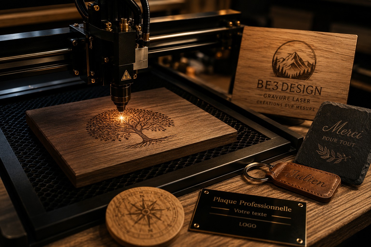 Atelier BE3Design avec gravure laser premium et finition haut de gamme